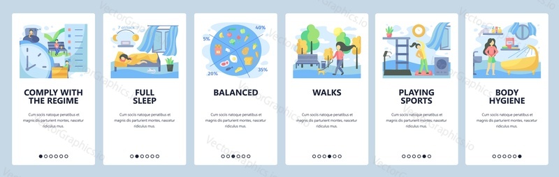 Hygienický režim webové stránky a mobilní aplikace onboarding obrazovky. Menu banner vektorová šablona pro vývoj webových stránek a aplikací. Zdravotní režim, pohoda. Plný spánek, procházky, hygiena těla, vyvážená strava