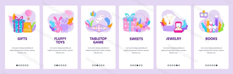 Онлайн-подарки. Пушистые игрушки, настольные игры, сладости, украшения, книги. Экраны загрузки мобильных приложений. Векторный шаблон баннера для веб-сайта и мобильной разработки. Иллюстрация дизайна веб-сайта.