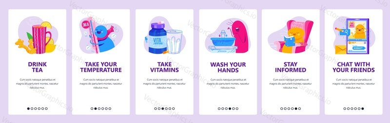 Self isolation advices for Covid-19 website and mobile app onboarding screens. Menu banner vector template for web site and application development for people in self isolation. Stay home, quarantine.
