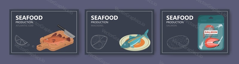 Seafood production website banner template set, vektorové ilustrace. Treska obecná, makrela, lososová ryba. Koncept vstupní stránky mořského průmyslu.