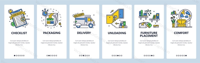 Checklist, tasks organizer, daily planner. Packaging, delivery, furniture placement. Mobile app screens. Vector banner template for website and mobile development. Web site design illustration.