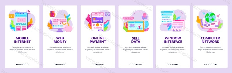 Мобильный интернет и онлайн-платежи, веб-денежные переводы. Экраны загрузки мобильных приложений. Векторный шаблон баннера для веб-сайта и мобильной разработки. Иллюстрация дизайна веб-сайта.