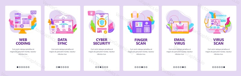Веб-разработка и разработка программного обеспечения, кодирование. Кибербезопасность, антивирус, отпечатки пальцев. Экраны загрузки мобильных приложений. Векторный шаблон баннера для веб-сайта и мобильной разработки. Иллюстрация дизайна веб-сайта.