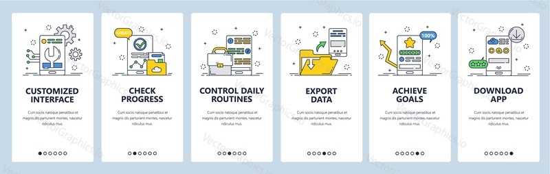 Habit tracking webové stránky a mobilní aplikace onboarding obrazovky. Menu banner vektorová šablona pro vývoj webových stránek a aplikací. Zkontrolujte pokrok a kontrolujte každodenní rutinu, Sledujte návyky k dosažení cílů.