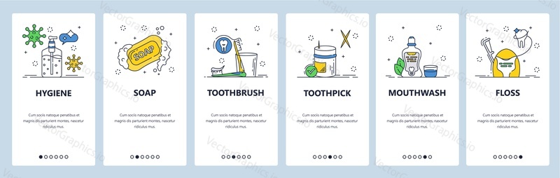 Webové stránky osobní hygieny a mobilní aplikace onboarding obrazovky. Menu banner vektorová šablona pro vývoj webových stránek a aplikací. Zubní kartáček, párátko, ústní voda, nit, mýdlo. Dentální a ruční hygiena