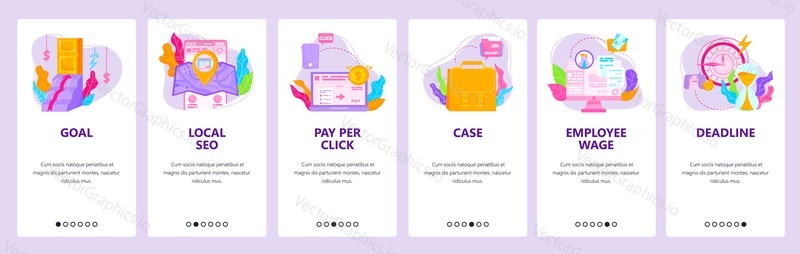 Company portfolio. Business goal, local SEO, PPC, budget, time management. Mobile app onboarding screens. Vector banner template for website and mobile development. Web site design illustration.