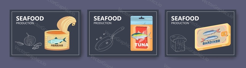 Seafood production website banner template set, vektorové ilustrace. Steak z tuňáka ve vakuovém plastovém obalu, konzervovaný sleď, sardinky. Koncept vstupní stránky mořského průmyslu.