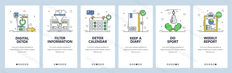 Отдохните от телефона с помощью приложения digital detox. Фильтруйте информацию, ведите дневник, занимайтесь спортом. Экраны мобильных приложений. Векторный шаблон баннера для веб-сайта и мобильной разработки. Иллюстрация дизайна веб-сайта.