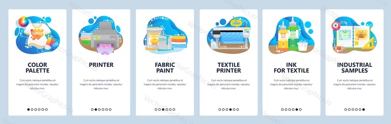 Print shop equipment supplies. T-shirt, textile printer, color palette samples for printing. Mobile app screens. Vector banner template for website and mobile development. Web site design illustration