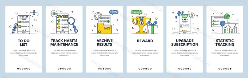 Habit tracking webové stránky a mobilní aplikace onboarding obrazovky. Menu banner vektorová šablona pro vývoj webových stránek a aplikací. Základní funkce pro vytváření, kontrolu návyků a sledování statistik.