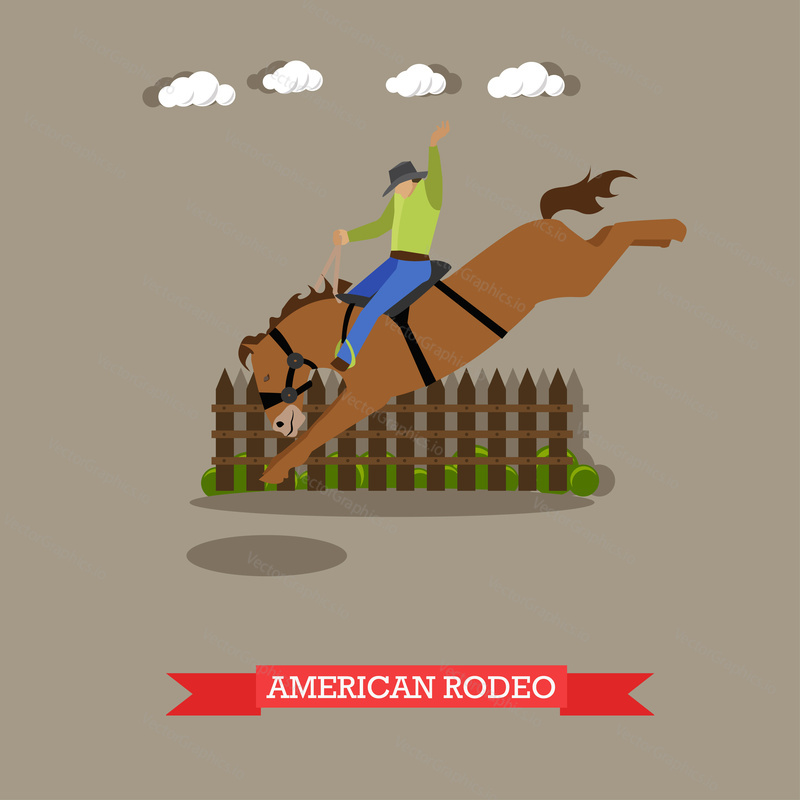 Jezdec v kovbojském klobouku zkouší drezuru divokého koně v americké Rodeo aréně. Vektorové ilustrace ve stylu plochého designu