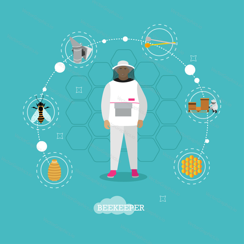 Beekeeper man in uniform in center of apiculture concept design elements - wooden beehives, apiarist, smoker, bee, honey jar. Vector infographic items, icons in flat style