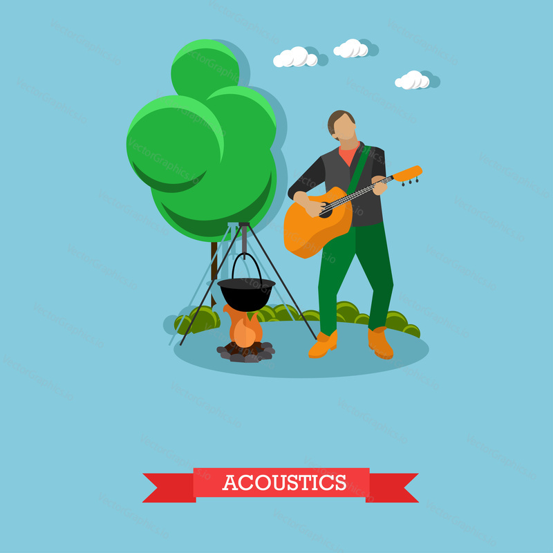Young man singing and playing acoustic guitar near campfire. Camping and acoustics concept template. Vector Illustration in flat design.