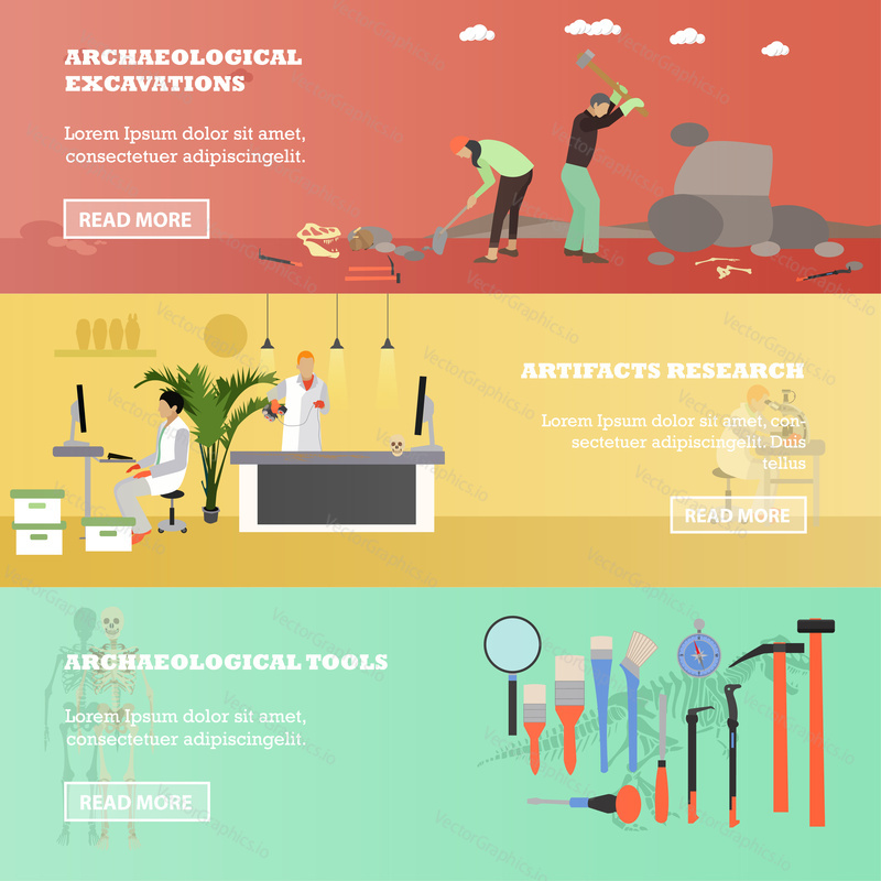 Vektorová sada bannerů s archeology, vědci, nástroji a vybavením. Archeologické vykopávky, artefakty výzkum koncepce designové prvky v plochém stylu.