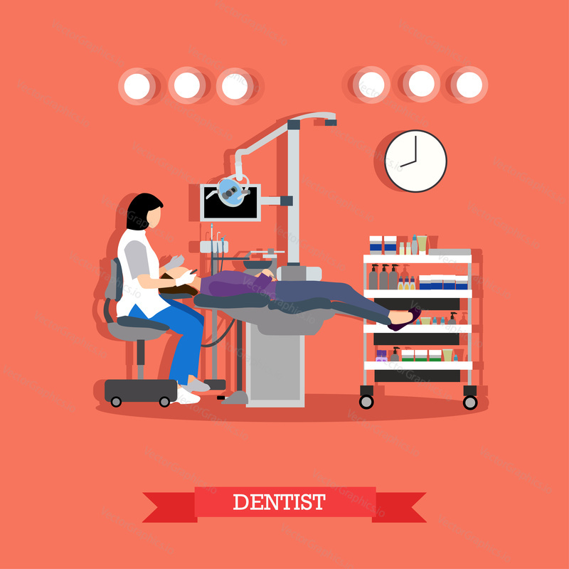 Koncept dentální medicíny vektorová ilustrace v plochém stylu. Interiér zubní kliniky, vybavení. Zubař pracuje s pacientem.