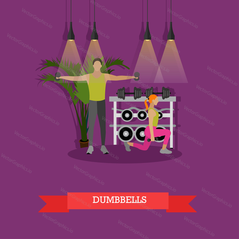 Woman and man do exercises with dumbbells in gym. Strength training in fitness studio. Lunge squat and lateral raises workout, stand with dumbbells behind. Vector illustration in flat design