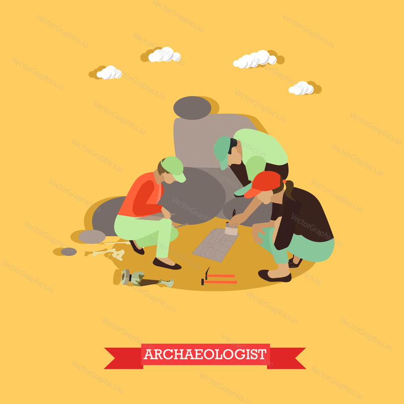 Ražba koncept vektorové ilustrace v plochém stylu. Archeologové v Egyptě, pozůstatky osad, archeologické nástroje.