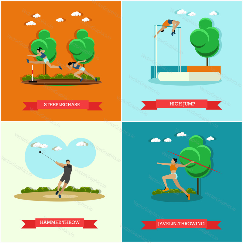 Vector set of track and field athletics. Steeplechase, high jump, javelin throw and hammer throw. Male and female athletes. Olympics sports. Flat design