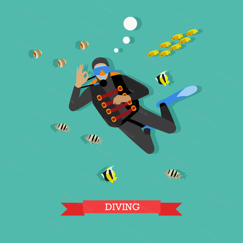 Scuba-diver under water with tropical fishes. Dive gear and equipment, scuba, mask, flippers and wetsuit. Underwater active recreation. Vector illustration in flat design