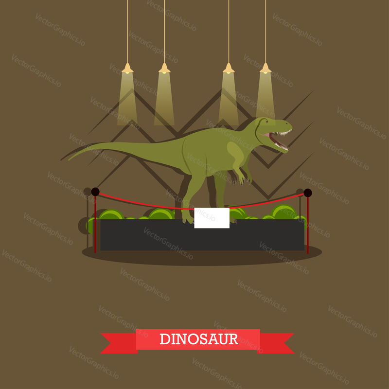Vector illustration of stuffed tyrannosaurus dinosaur in museum. Exposition room interior design element in flat style.