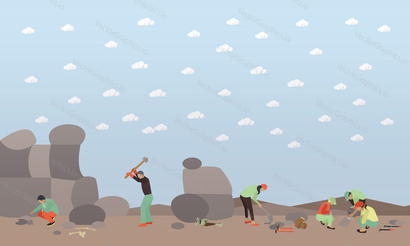 Ražba koncept vektorové ilustrace v plochém stylu. Archeologové, pozůstatky osad, archeologické nástroje.