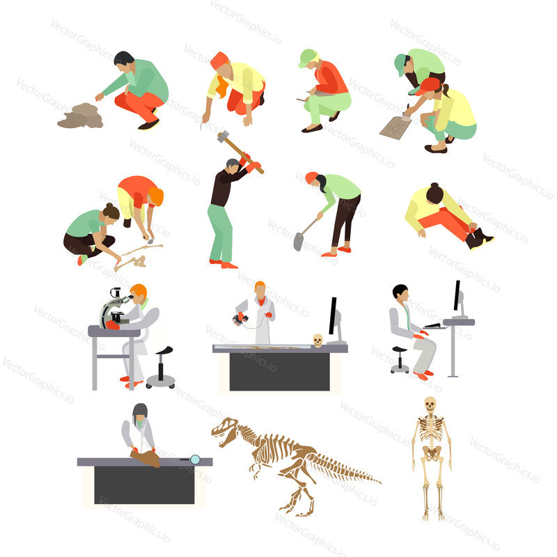 Vector set of archaeologists, researchers at work, tools and equipment, isolated on white background. Archaeological research concept design elements, icons in flat style.