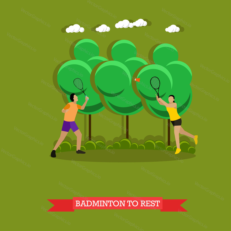Vector illustration of young couple is playing badminton outside in good weather. Sport equipment, two badminton rackets and a shuttlecock. Outdoor active lifestyle. Flat design style