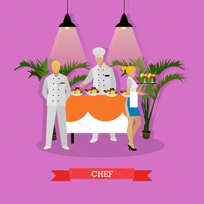 Vektorová ilustrace interiéru kuchyně restaurace v plochém stylu. Šéfkuchař, číšník a servírka drží tác s koktejly.