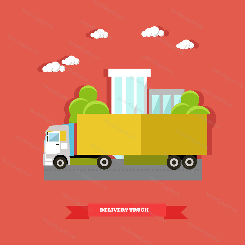 Delivery service concept vector illustration in flat style. Delivery truck, road vehicle. Logistics transportation.