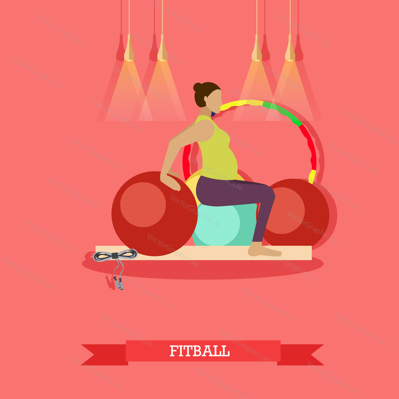 Pregnant woman doing exercises with fitness ball at fitness studio. Yoga practice for healthy pregnancy. Fitball, hula hoops, yoga mat and jump rope nearby. Vector illustration in flat design