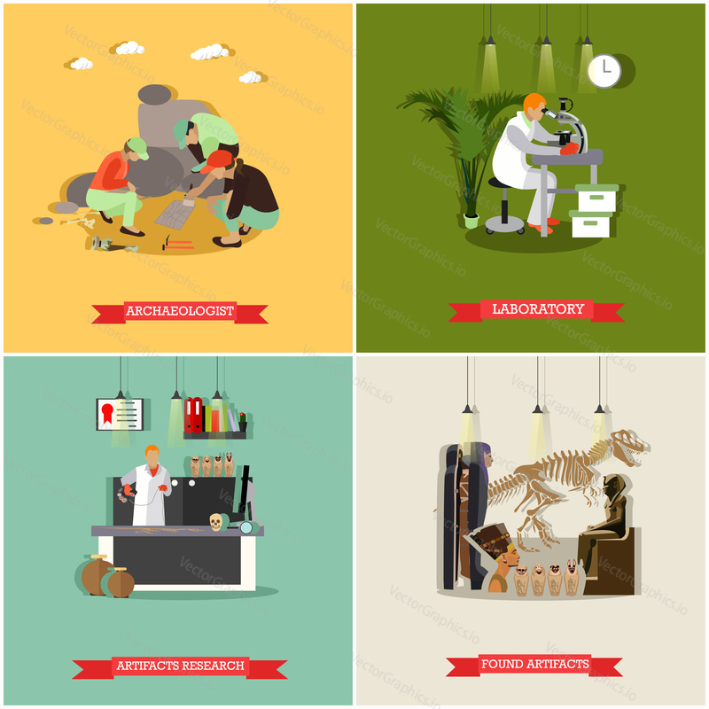 Vector set of posters, banners with archaeologists at work, tools and equipment. Archaeological laboratory, artifact research, excavation, found artifacts concept design elements in flat style.