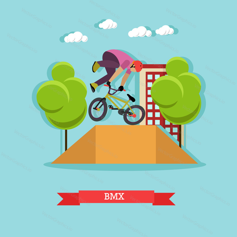 Велосипедист BMX выполняет трюк в скейтпарке на улице. Парень хлещет хвостом по рампе. Экстремальный вид спорта. Векторная иллюстрация плоского дизайна