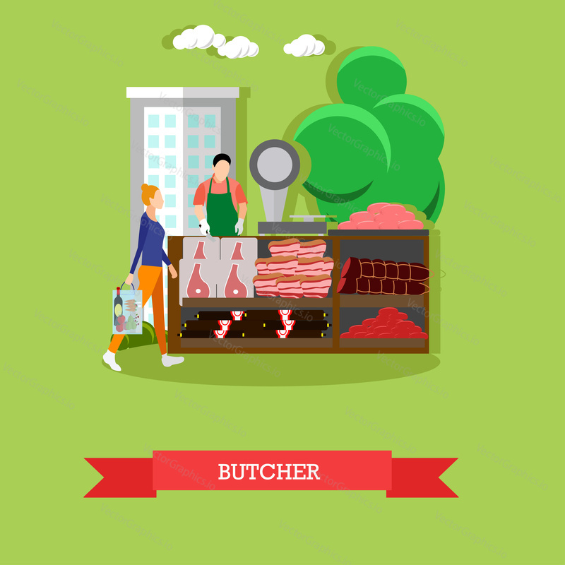 Vector illustration of butcher in flat style. Buyer woman is going to do shopping. Meat, bacon, frankfurters, salami. Stall in the market with meat products.