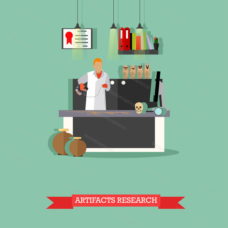 Vector illustration of archaeological laboratory, researcher scanning skeleton of dinosaur, figurines Ushabti. Artifacts research concept design element in flat style.