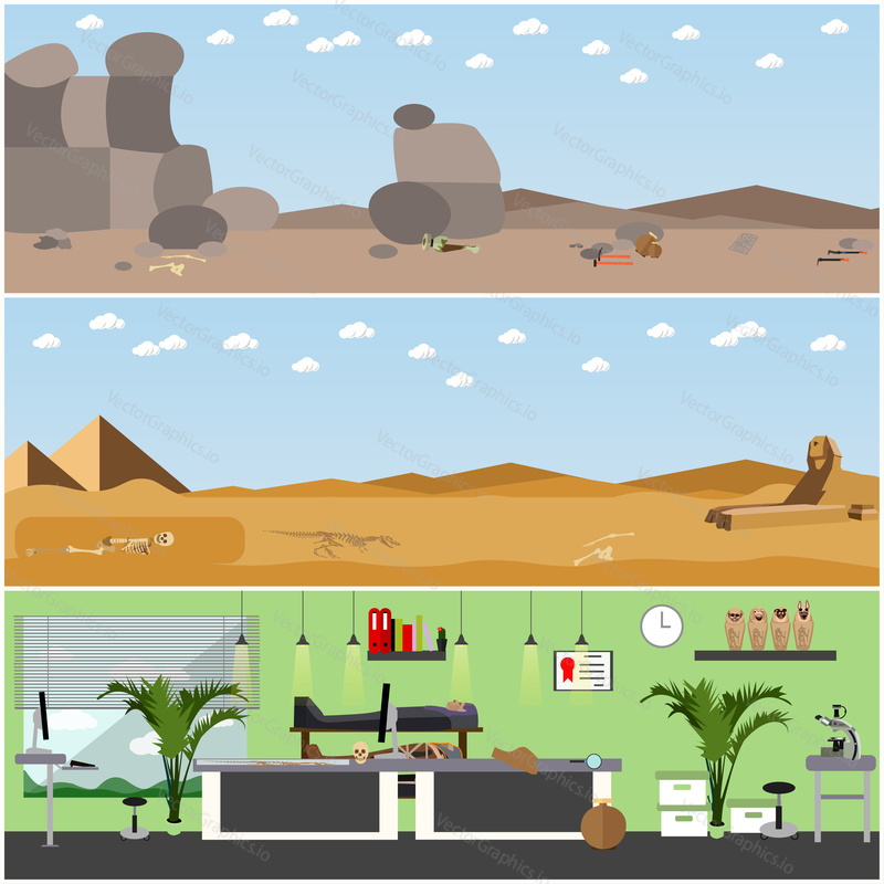 Vector set of posters, banners with archaeologists places, tools and equipment. Archaeological laboratory research and excavation concept design elements in flat style.