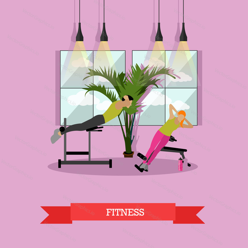 Women are doing exercise and yoga in fitness center. Gym interior vector illustration. Woman fitness banners.