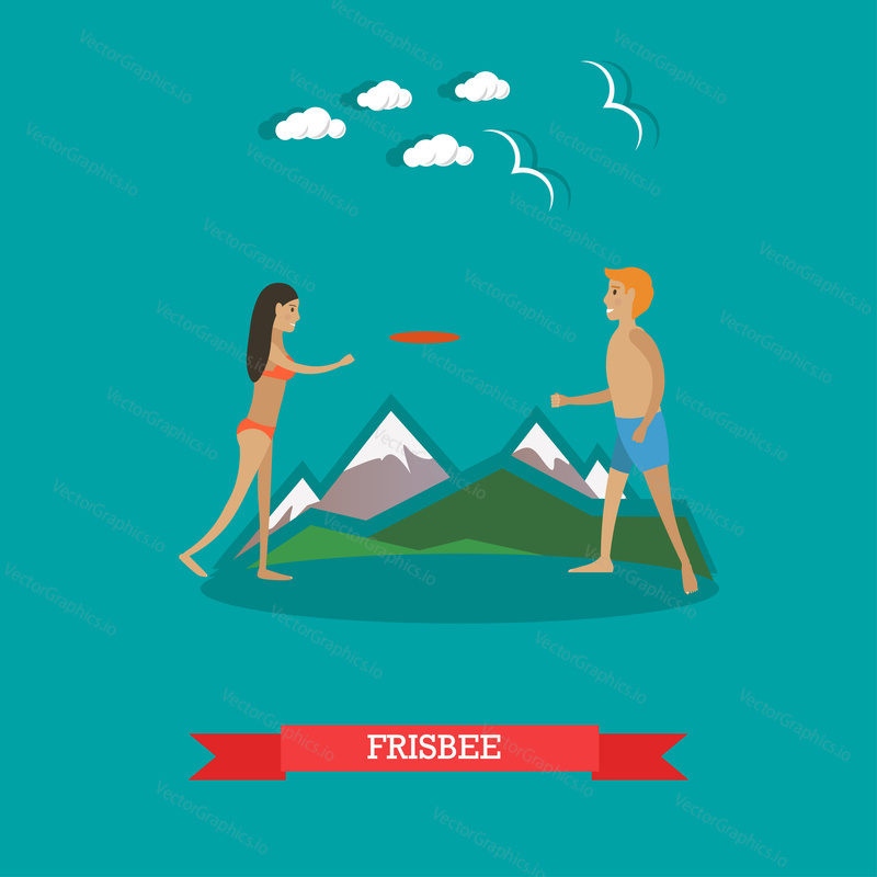 Vektorová ilustrace mladého muže a ženy hrající frisbee na pláži. Letní dovolená, venkovní hry koncept designový prvek v plochém stylu.