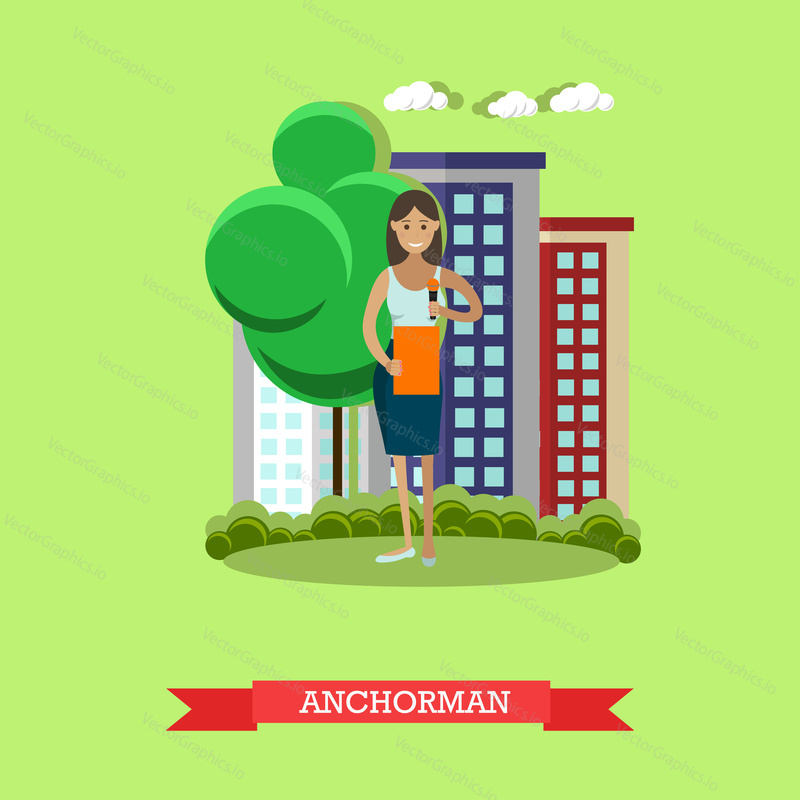 Vector illustration of anchorman. The news reporter woman, journalist, commentator. Mass media jobs, TV broadcast concept design element in flat style.