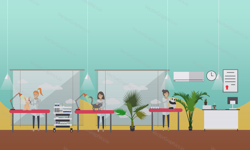 Vector illustration of vets man and woman inspecting domestic animals dog, cat and bunny. Vet clinic services, medical inspection concept design element in flat style.