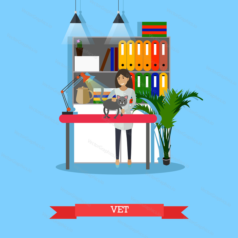 Vektorové ilustrace veterináře žena inspekce kočky zraněné tlapky. Veterinář, Veterinární lékař, Veterinární lékař, designový prvek konceptu lékařské profese v plochém stylu.