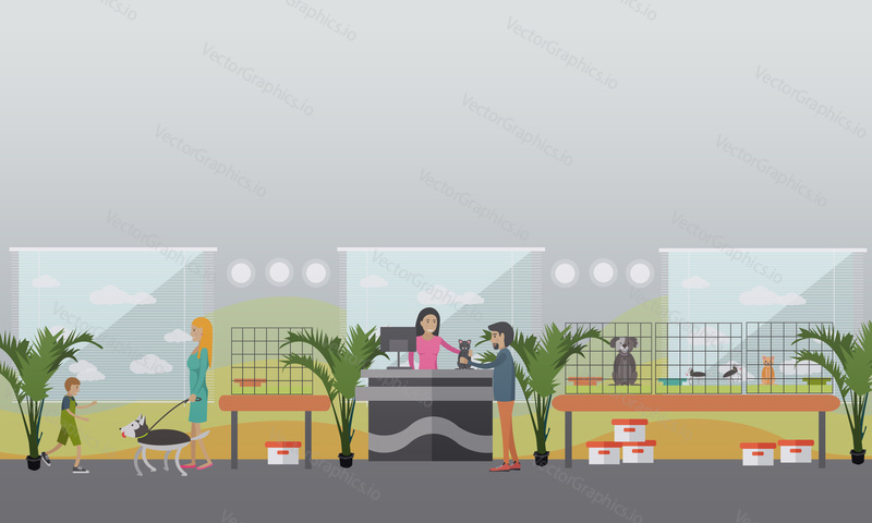 Animal shelter concept vector illustration. Mother with son adopting dog and man adopting cat from animal shelter design element in flat style.