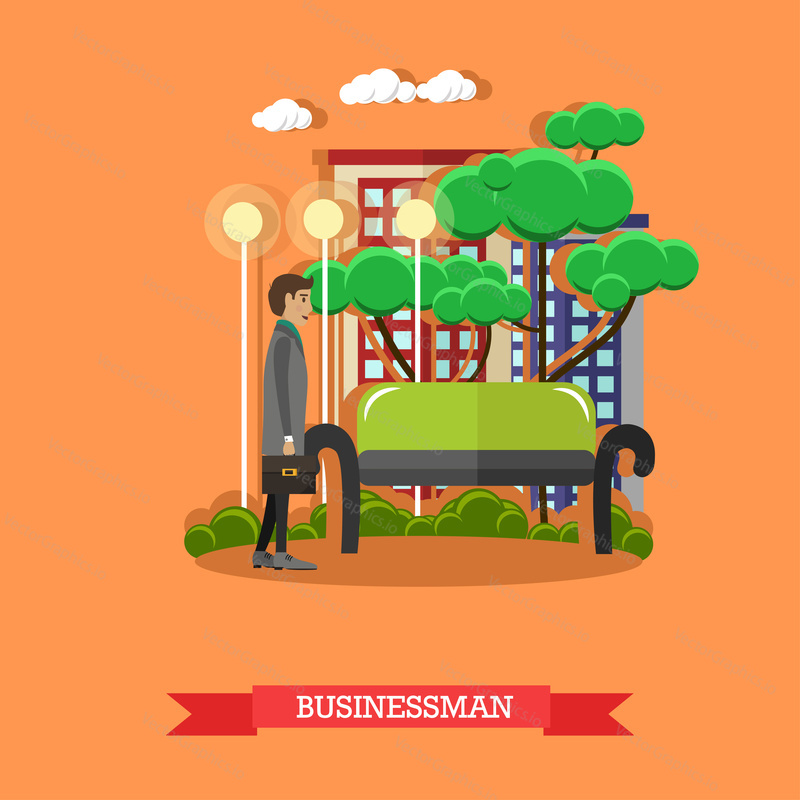 Vector illustration of businessman with briefcase walking in the street. Street traffic concept design element in flat style.