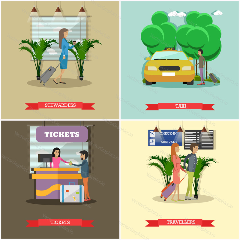 Vector set of airport concept posters, banners. Stewardess, Taxi, Tickets and Travellers design elements in flat style.