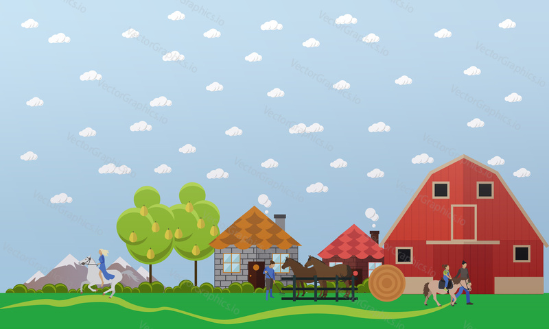Large horse farm. Horses standing in the paddock, woman riding bareback, hostler teaches kid to ride pony. Vector banner in flat design