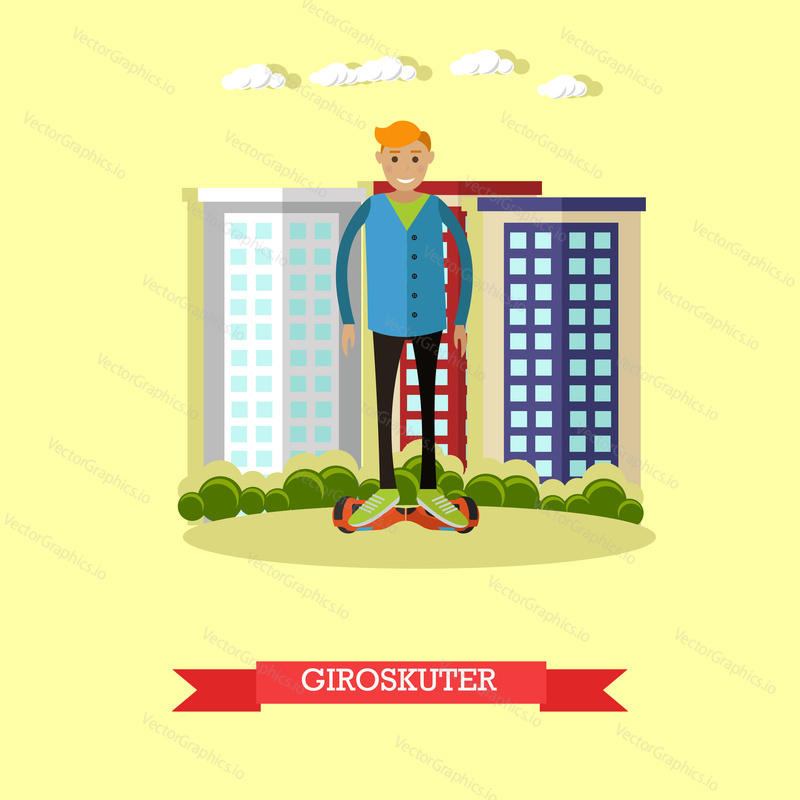 Vector illustration of young man riding gyroscooter. Self-balancing two-wheeled board, battery-operated scooter concept design element in flat style.