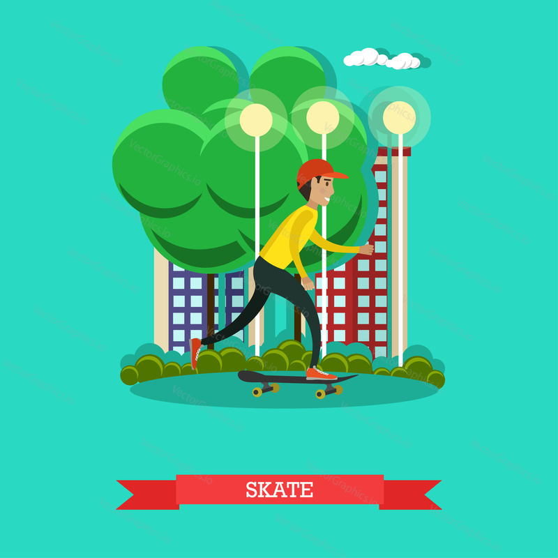 Vektorové ilustrace chlapce skateboardista na koni skateboard. Skateboarding concept designový prvek v plochém stylu.