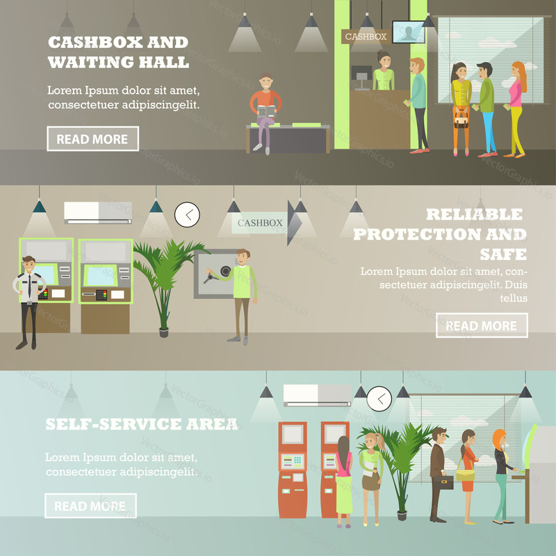 Векторный набор горизонтальных баннеров банковской концепции. Касса и зал ожидания, Надежная защита и сейф, Элементы дизайна зоны самообслуживания в плоском стиле.