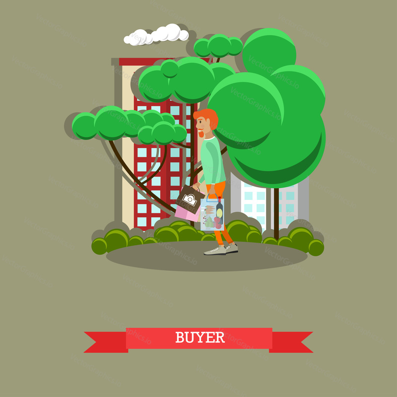Vector illustration of buyer man with purchases walking in the street. Street traffic concept vector illustration in flat design.