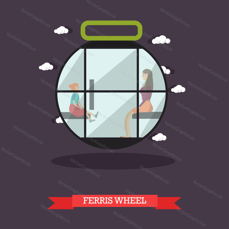 Vector illustration of ferris wheel attraction. Cartoon characters mother with daughter. Amusement park concept design element in flat style.