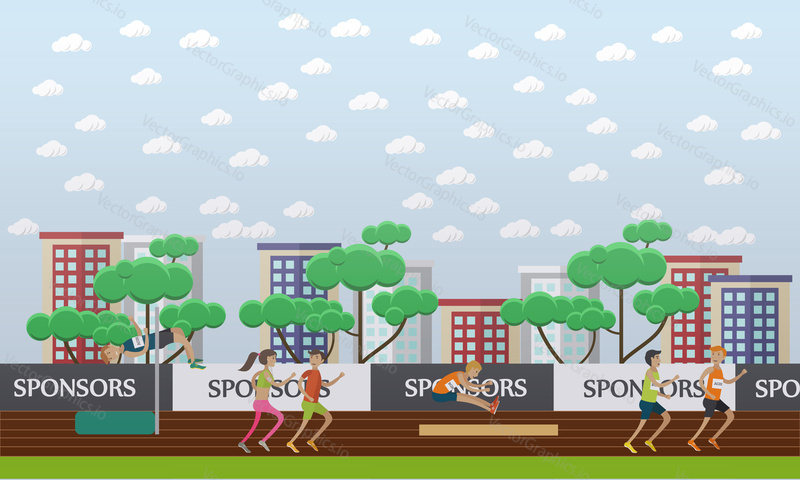 City stadium flat design vector illustration. Sportsmen and sportswomen running and jumping. Track and field athletics competition. Individual sports.